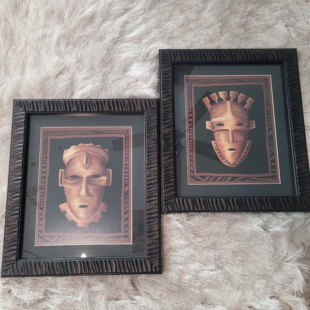 Chariklia Zarris African Mask Tribal Textured Wall Frame Decor 2 Pcs